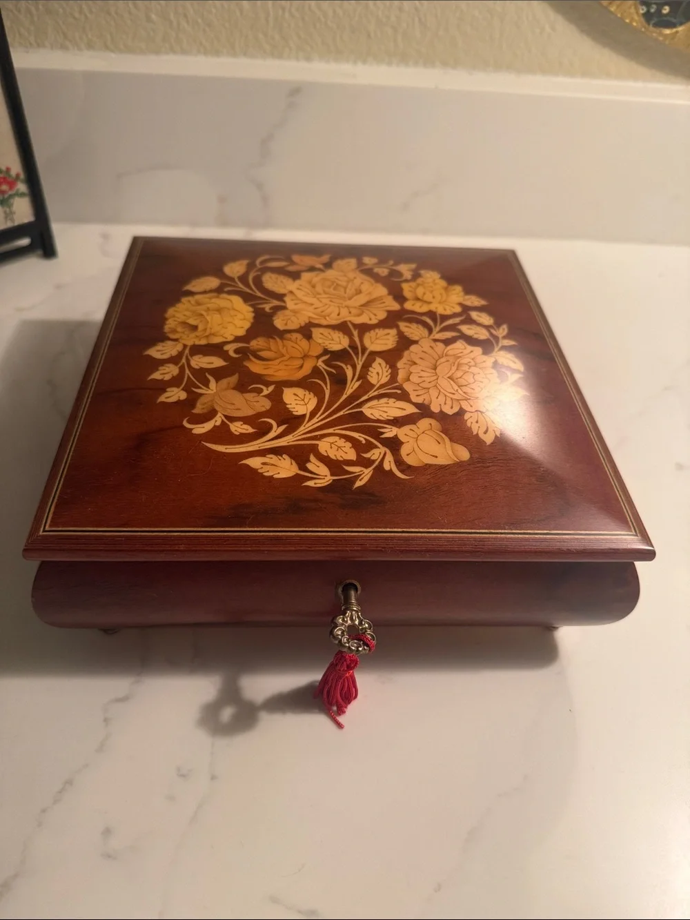Vintage Italian Wooden Music Box with Floral Inlay